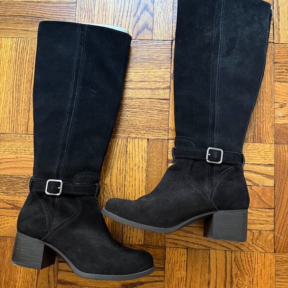 UGG Koolaburra by UGG black faux suede tall boots w/ stacked heel, sz 6 LIKE NEW - Picture 1 of 6